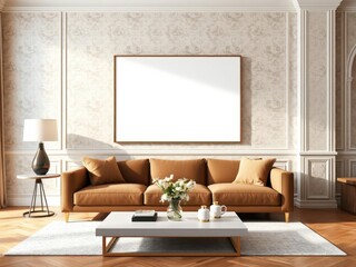 An elegant mockup of wall art on canvas displayed in a modern living room setting, mockup, sophisticated, canvas