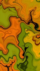 abstract painting with combination of green, orange, and yellow colors, colors blend together to create mesmerizing effect, green orange hues blending in unique pattern
