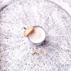 Cappuccino on bright background. Soft focus. Copy space.	