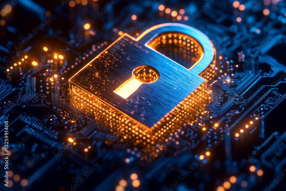 Poster cybersecurity digital lock on circuit board technology abstract background data safe code blue metal