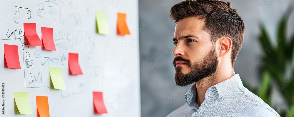 Poster a focused man analyzes colorful sticky notes on a wall, symbolizing brainstorming or project plannin