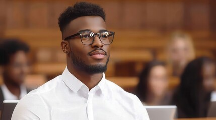 Obraz premium A focused young man in glasses sits attentively in a classroom, surrounded by peers, exuding confidence and engagement.