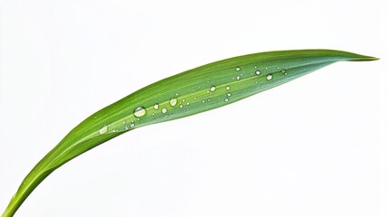 Close-up of a green leaf with water droplets on a white background, showcasing nature's beauty