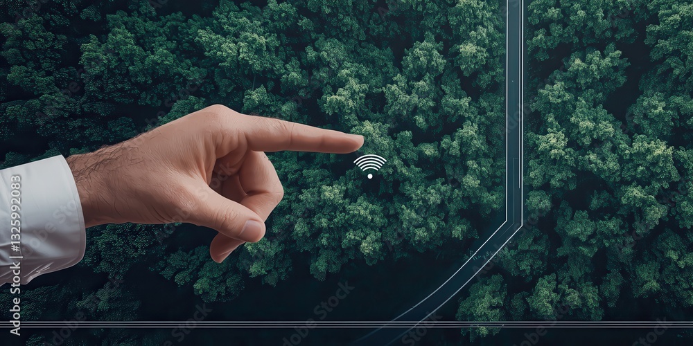 Poster A hand points towards a digital interface displaying a forested area, indicating technology's role in environmental monitoring or planning.