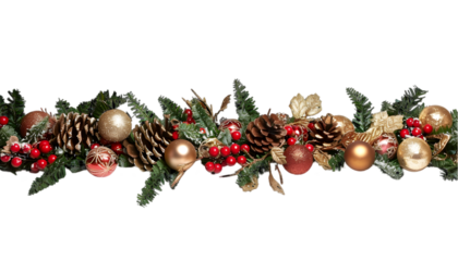 Christmas Garland Decoration Featuring Golden Ornaments Berries and Pine Cones on Transparent Background Festive Holiday Decor with Green Fir Branches