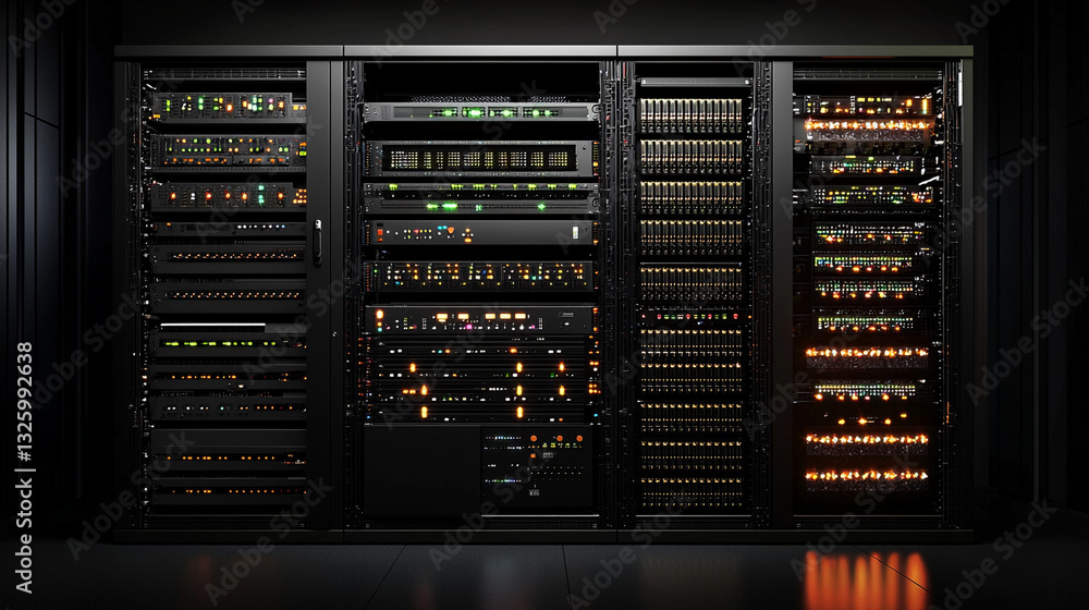 Poster modern data center server room technology powerful network infrastructure web rack dark cloud system