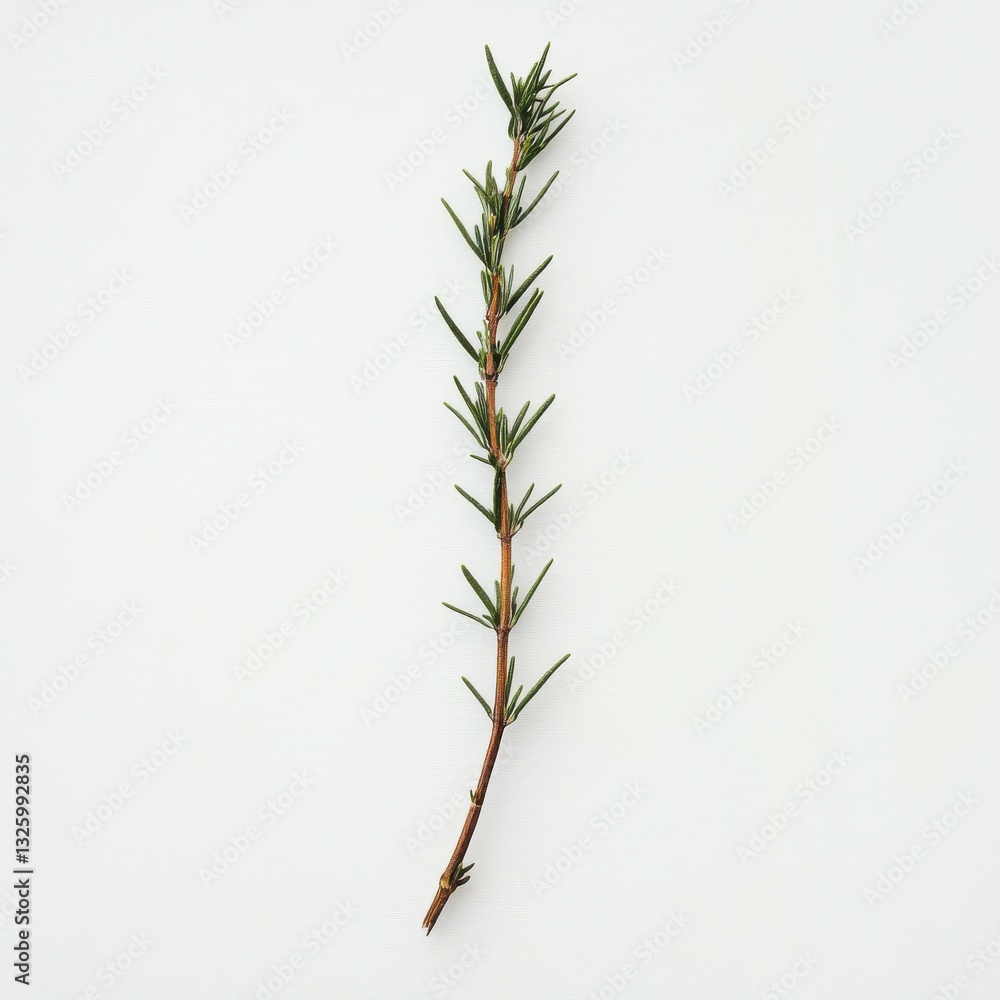 Poster sprig of rosemary showcasing fresh, sharp green leaves on a light background in a simple presentatio