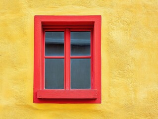 Vivid red window contrasting with warm yellow textured wall facade