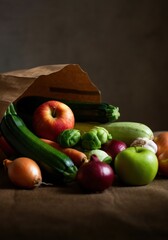 Fresh assortment of vegetables and fruits spilling from a paper bag