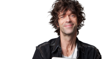 Smiling artist holding tablet with transparent background