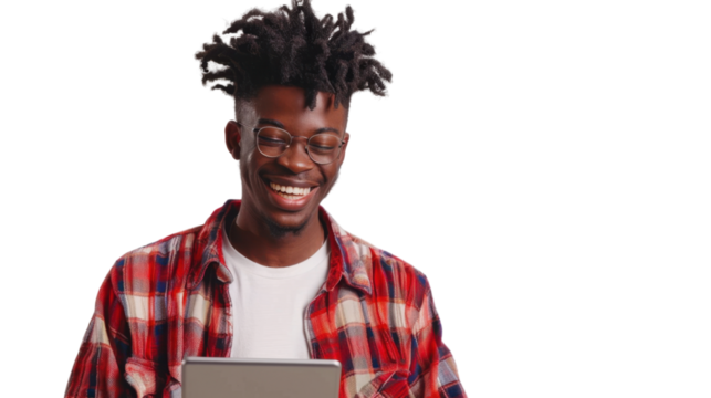 Cheerful student using digital tablet with transparent background