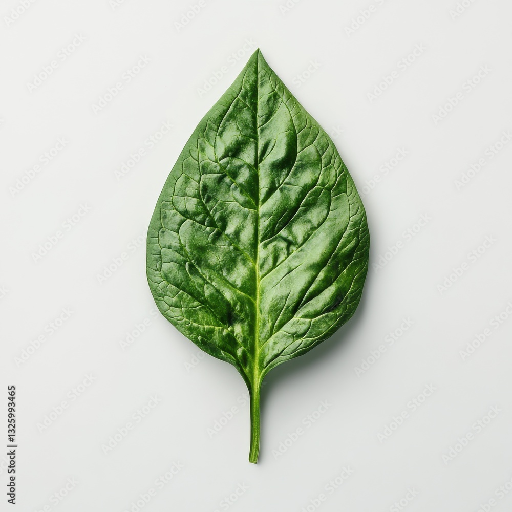 Aufkleber Fresh spinach leaf displaying vibrant green color and soft tender texture on a clean white surface during daylight