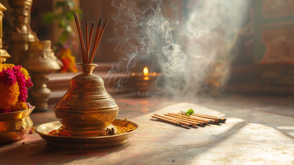 A serene and welcoming pooja space adorned with gold and brass artifacts, incense sticks, and a traditional bell for spiritual rituals
