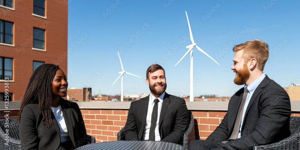 Poster three professionals engage in conversation on a rooftop with wind turbines in the background, showca