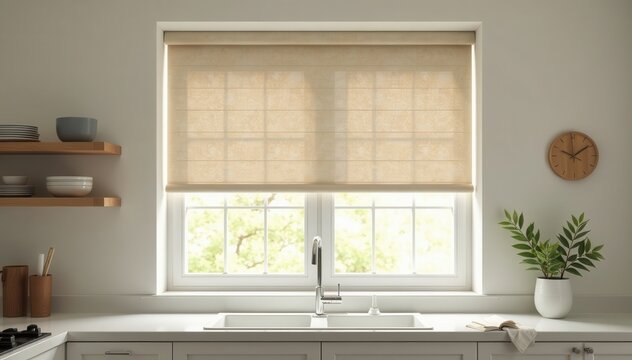 Shutters and beige blackout roller blind on kitchen window , modern, window