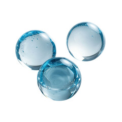 Three translucent spheres, light blue, appear water-like