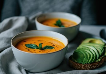 Creamy carrot soup served in bowls with fresh mint and avocado slices