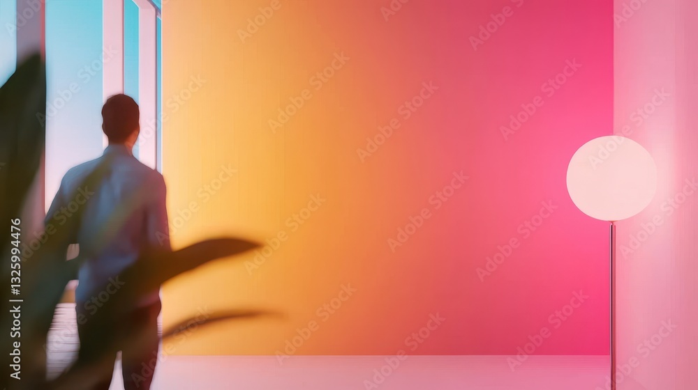 Poster a person stands in front of a brightly colored wall, illuminated by soft lighting, creating a vibran