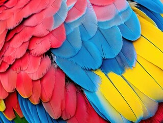 Obraz premium Vivid feather detail displaying vibrant hues of red, blue, and yellow