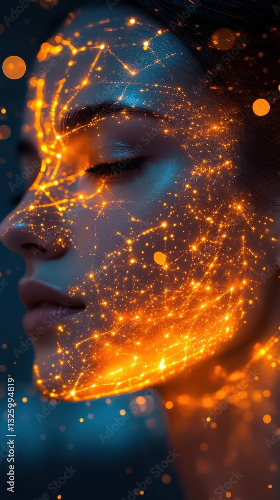 Aufkleber serene woman's face illuminated with glowing patterns and lights at twilight, embodying tranquility 