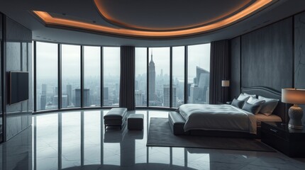 Luxury high-rise apartment bedroom with expansive cityscape views.