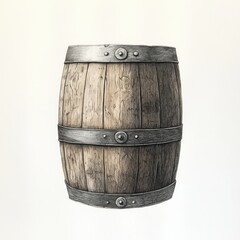 Obraz premium Rustic wooden barrel adorned with metal bands, ideal for storage or decoration in a countryside setting