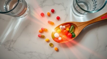 Colorful capsules, pills, and supplements on a wooden spoon with water for taking medication.