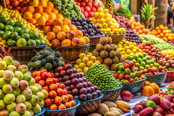 Close-up of fresh and colorful fruits for sale at a vibrant market stall with a variety of choices