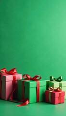 Airborne gift boxes and ribbons against vibrant green, presents, holiday