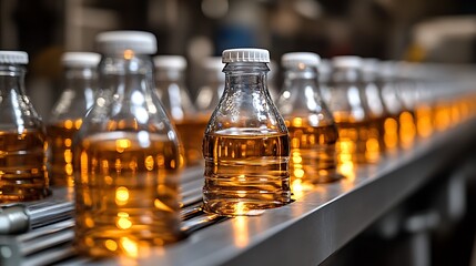 Conveyor Belt of Glass Bottles Filled with Amber Liquid Beverage Production Line