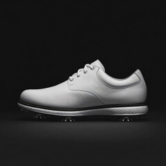 A white golf shoe against a black background highlights its intricate design, stitching, and spikes, providing a striking contrast.