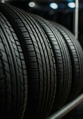 Close-up of stacked black tires showcasing their tread patterns