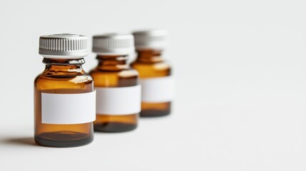 Elegant display of amber glass medicine bottles studio setting high-fidelity photograph minimalist environment close-up view