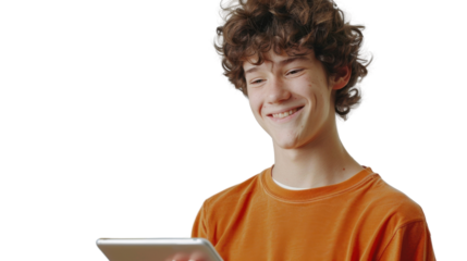 Smiling young man using tablet with transparent background