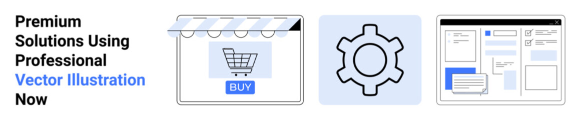 Digital storefront with shopping cart icon, gear for settings or customization, and user interface layouts. Ideal for e-commerce, web design, branding, business, technology, startups flat landing