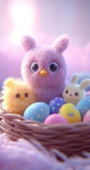 Fototapeta premium Adorable fluffy chicks and bunny nestled in a wicker basket with pastel Easter eggs. A perfect springtime scene