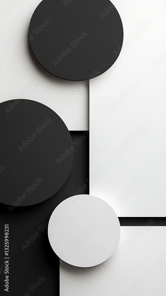 Poster abstract design featuring black and white circles arranged on a minimalist background, emphasizing g