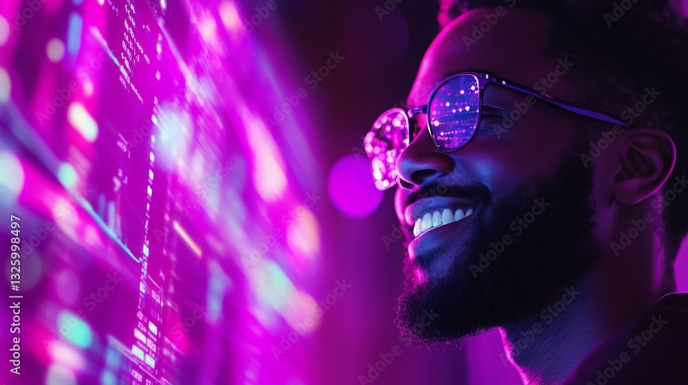 Aufkleber smiling man with glasses against vibrant colorful data display