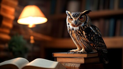 An owl perched on a stack of books in a cozy library setting with warm lighting. Concept Owl Photography, Cozy Library Vibes, Warm Lighting, Books and Nature, Serene Atmosphere