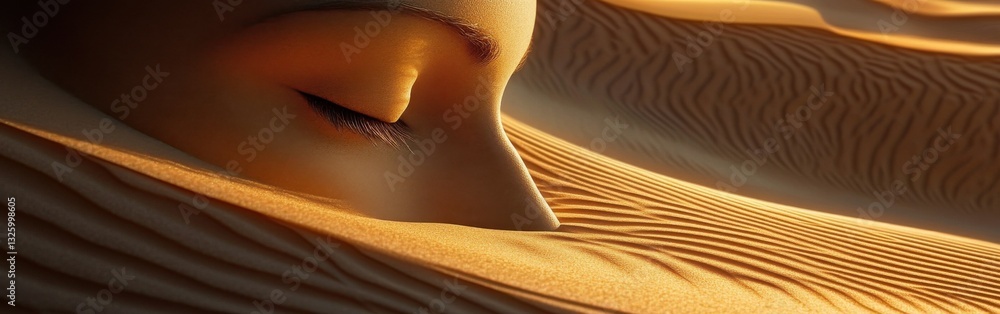 Fototapete mystical profile of a serene man resting within flowing sands during golden hour light in a desert l