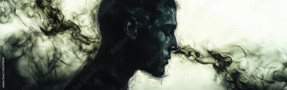 Poster mystical profile of a man surrounded by ethereal elements and swirling smoke in a dreamlike environm
