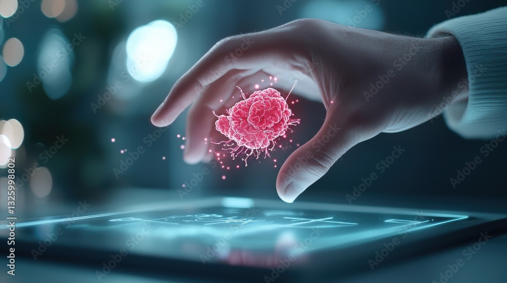 Poster touching a holographic interface a person interacting with a holographic interface displaying medica