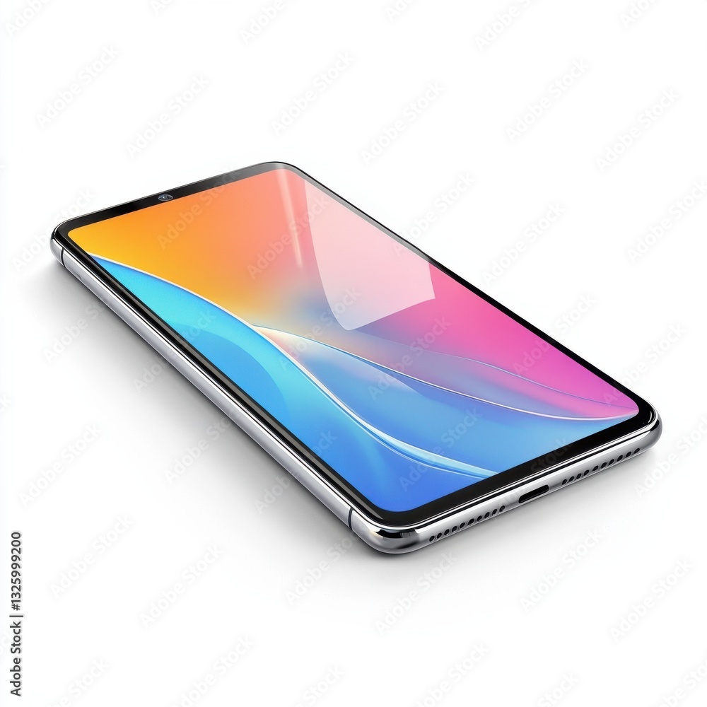 Poster Modern smartphone with large screen displayed on flat surface in a well-lit environment
