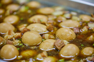 Close-up of  Thai Stew pork belly with Eggs 