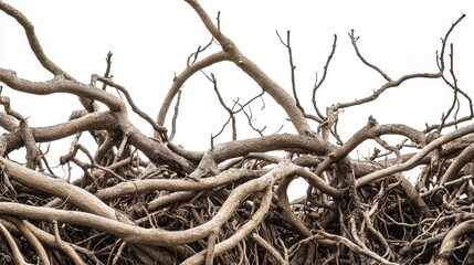 Twisted branches and roots create an intricate natural sculpture against a bright, minimalistic background
