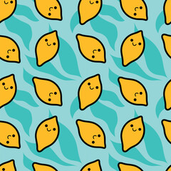 Kawaii lemon seamless pattern. Funny character lemon and leaves on a turquoise background. Summer vector illustration for baby clothes, background, packaging, paper, bed linen, fabric