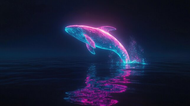 A glowing, holographic whale leaps from the water, illuminated in neon blue and pink hues. The digital, futuristic aesthetic enhances the surreal atmosphere