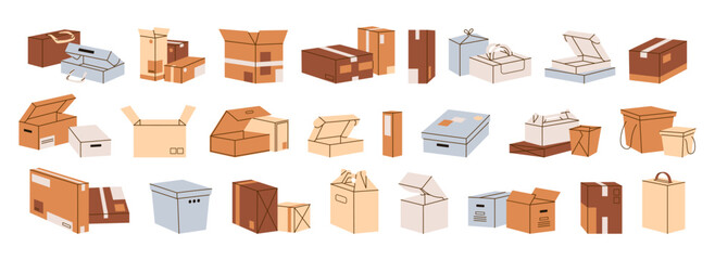 Open and closed cardboard boxes set. Paper packages, cartons, parcels with different shapes and size. Containers for moving, carrying, delivery. Flat isolated vector illustrations on white background