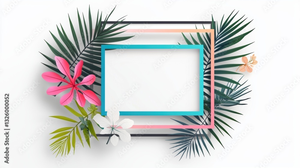 Poster Geometric Neon Frames with Leaves Multiple neon geometric frames in various colors and sizes, overlapping with tropical leaves and flowers, creating a dynamic and modern design against a white