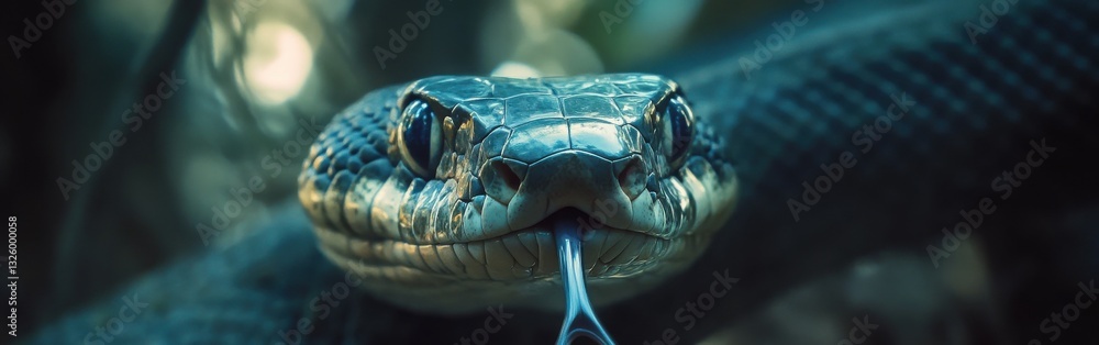 Poster Macro view captures intricate details of a snake's face in its natural habitat under soft lighting
